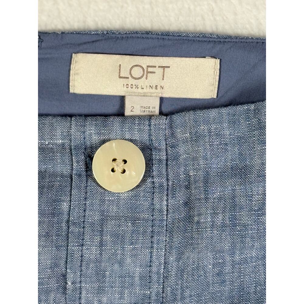 LOFT Linen Midi Skirt Size 2 Blue Botton Front Slit Summer Coastal Minimalist - Picture 4 of 12